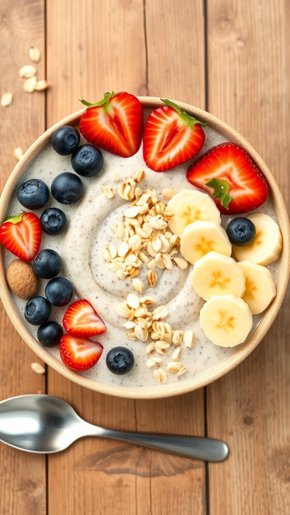 A bowl of oat and chia pudding topped with fresh fruits and nuts on a rustic table.
